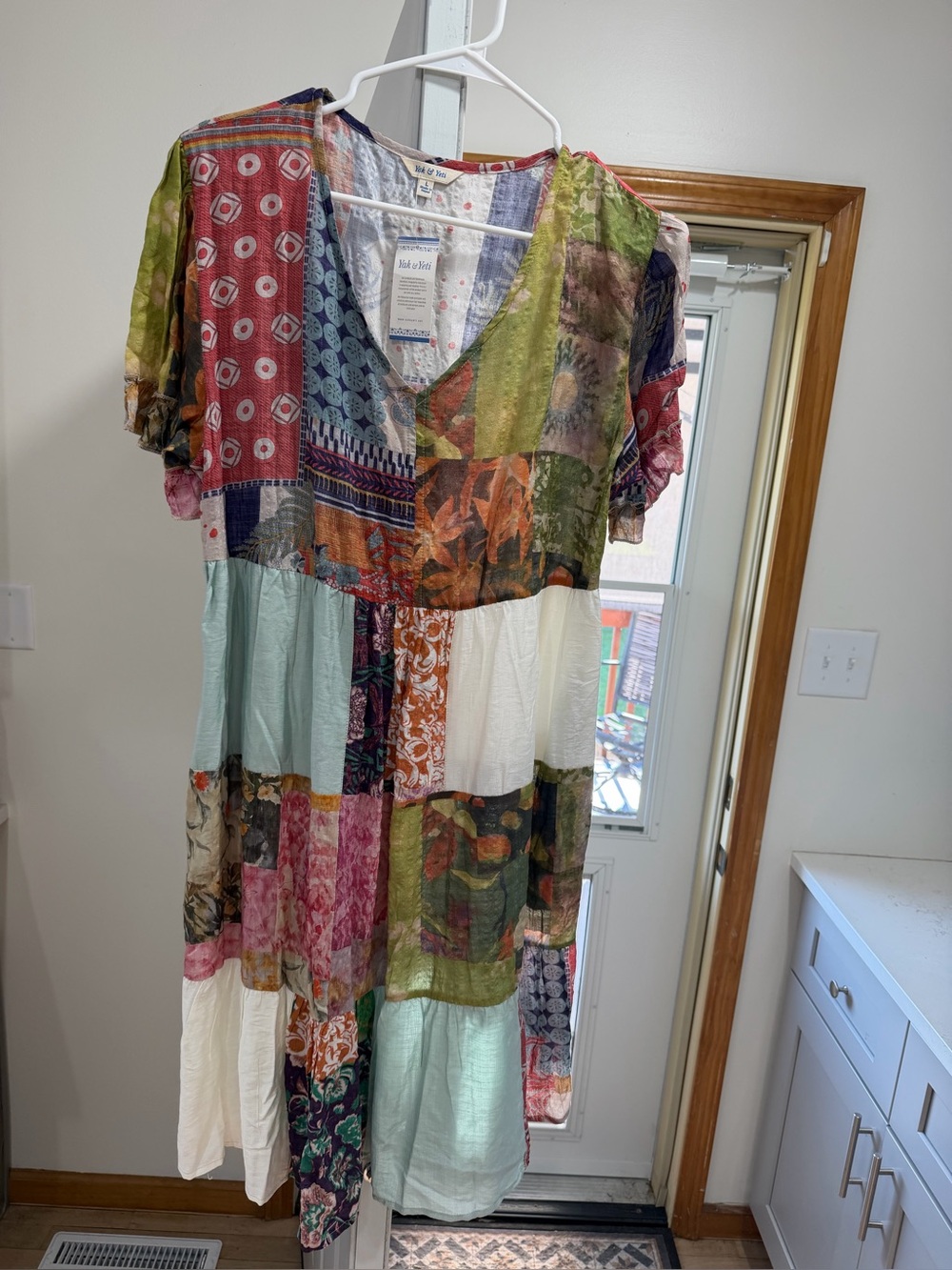 Boho Patchwork V-Neck Midi Dress - Multicolor